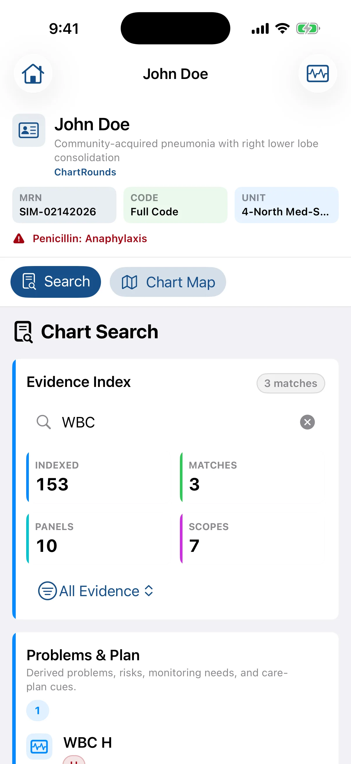 Learner searching a simulated patient chart in ChartSlate on iPhone