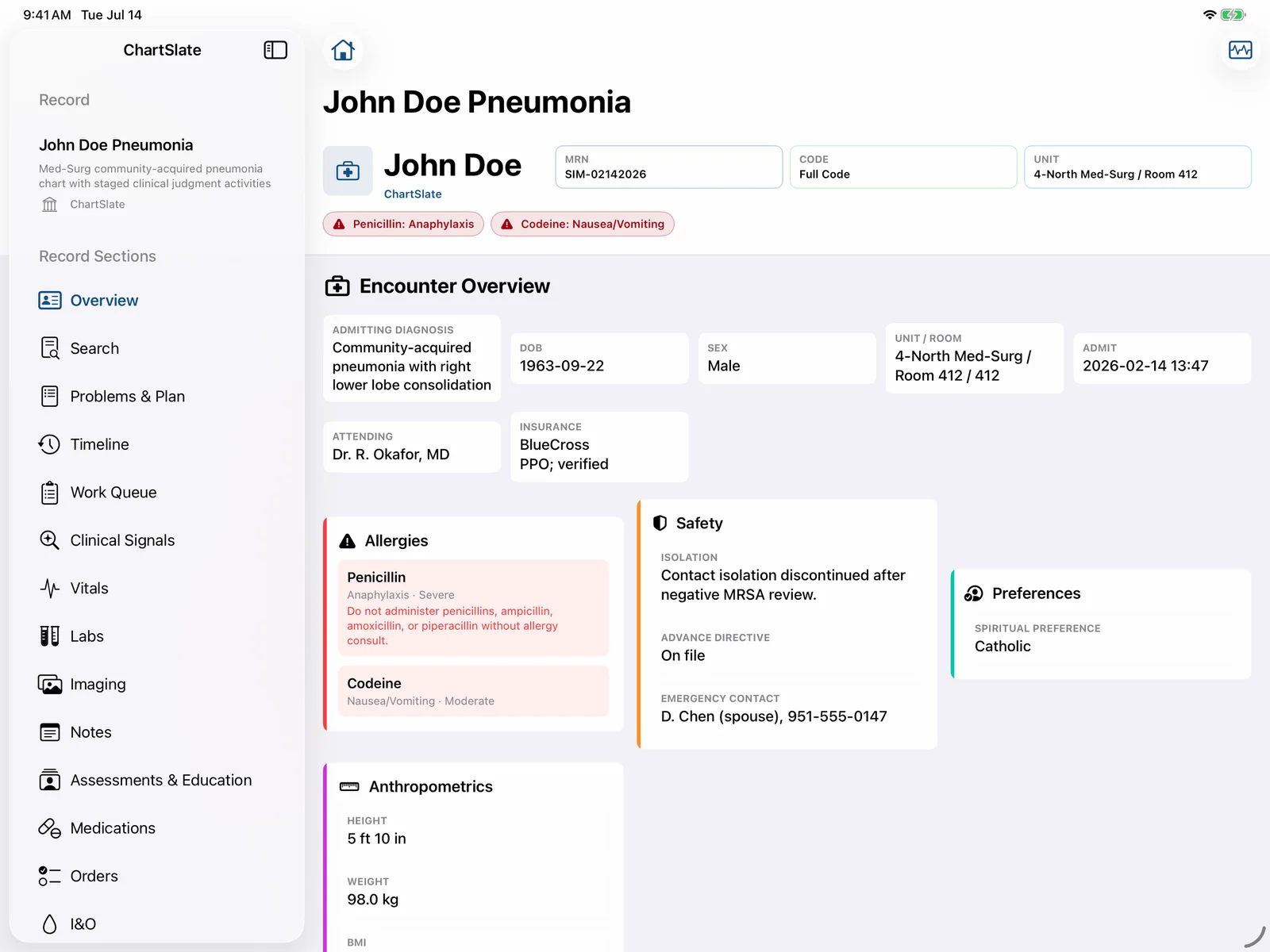 ChartSlate realistic simulated EHR overview on iPad