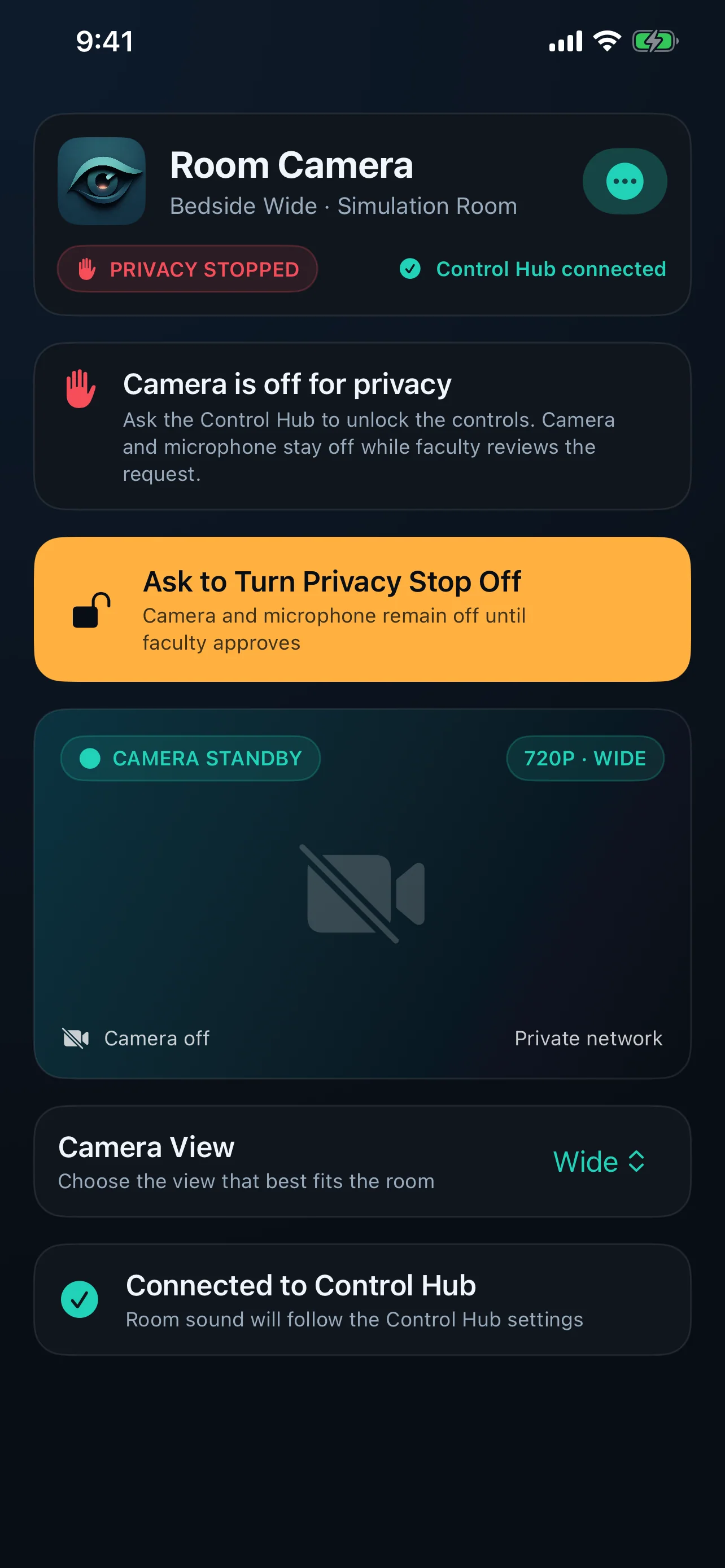 Privacy Stop controls in the Sibyl Sim iPhone camera role