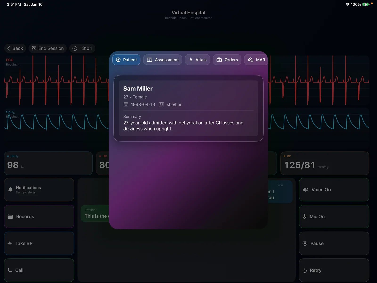 Bedside Coach interface showing patient chart and vital monitor