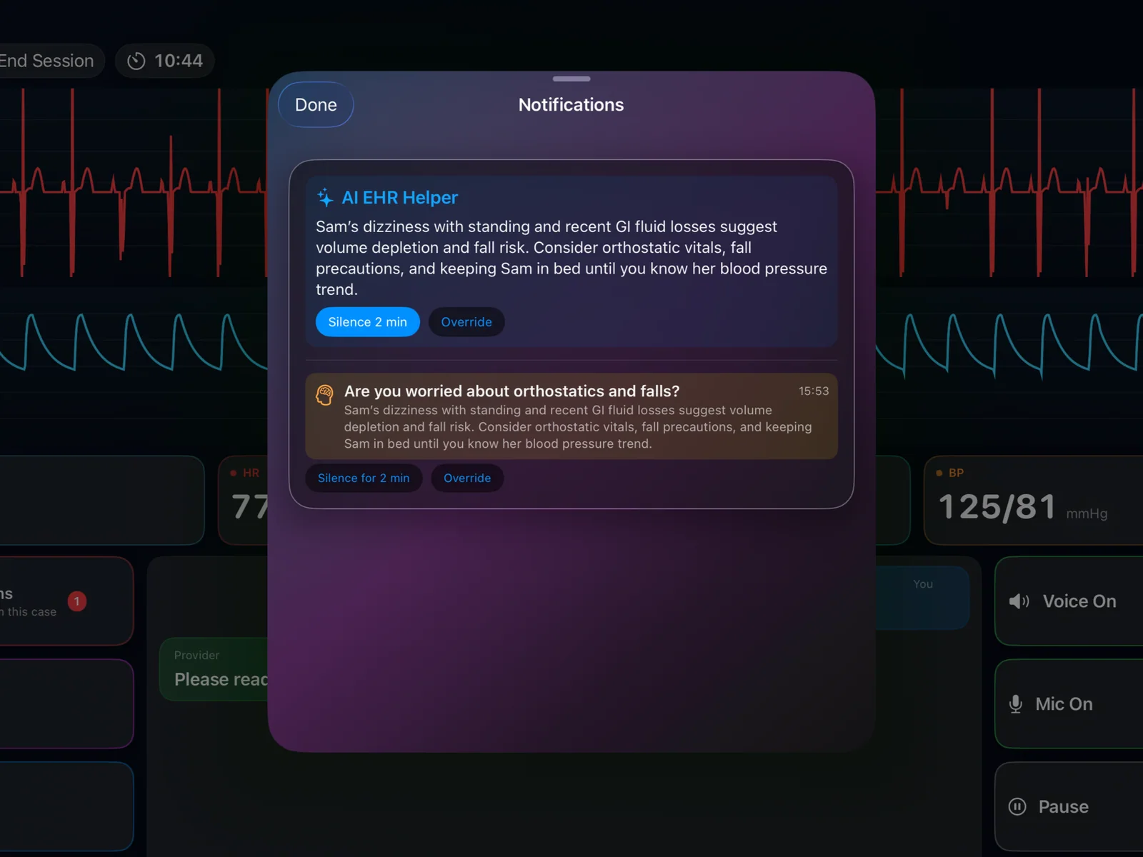 Bedside Coach alerts and workflow interruptions view for multi-patient practice