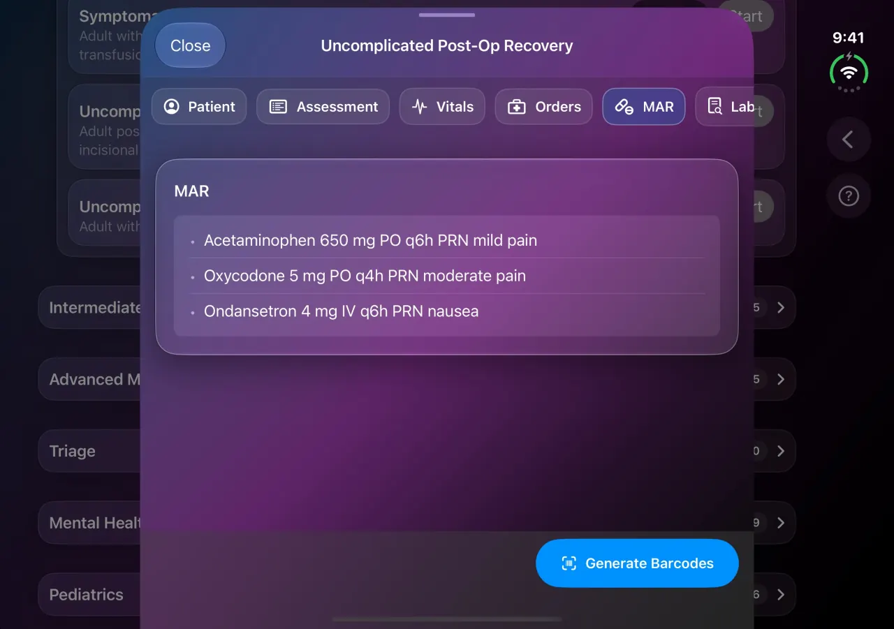 Bedside Coach on the expanded iPhone Duo screen, Uncomplicated Post-Op Recovery medication administration record with Generate Barcodes