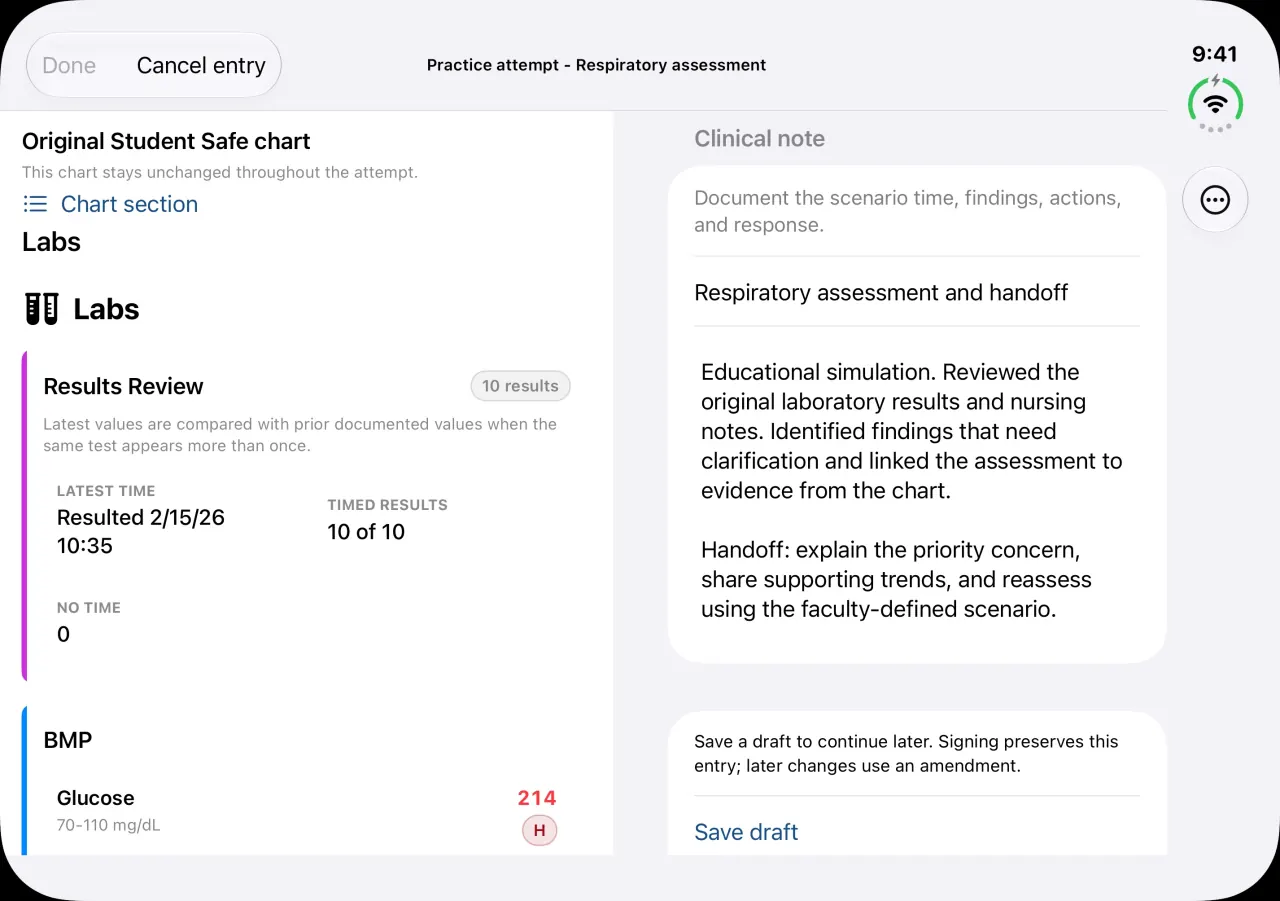 ChartSlate on the expanded iPhone Duo screen, original student safe chart labs beside a respiratory assessment clinical note