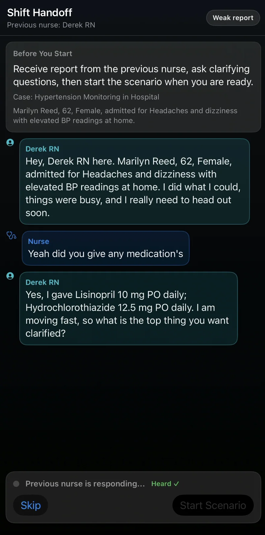 SBAR handoff conversation before the scenario begins in Bedside Coach