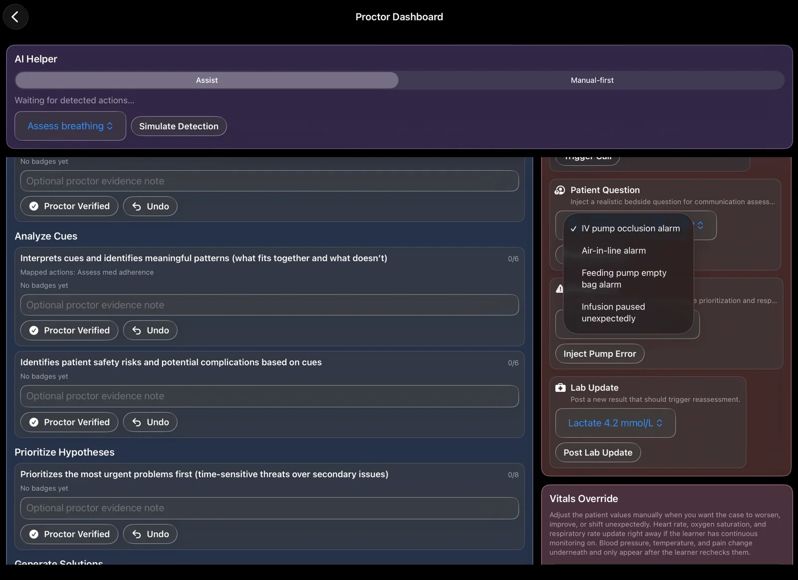 Bedside Coach proctor dashboard for test sessions