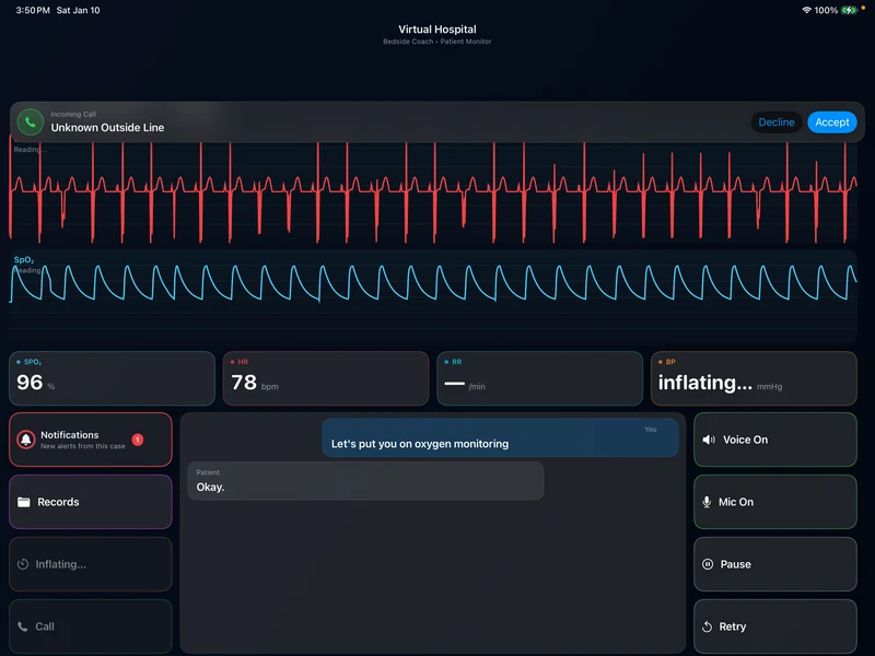Bedside Coach simulated patient monitor and voice dialogue in a stroke-care practice scenario.