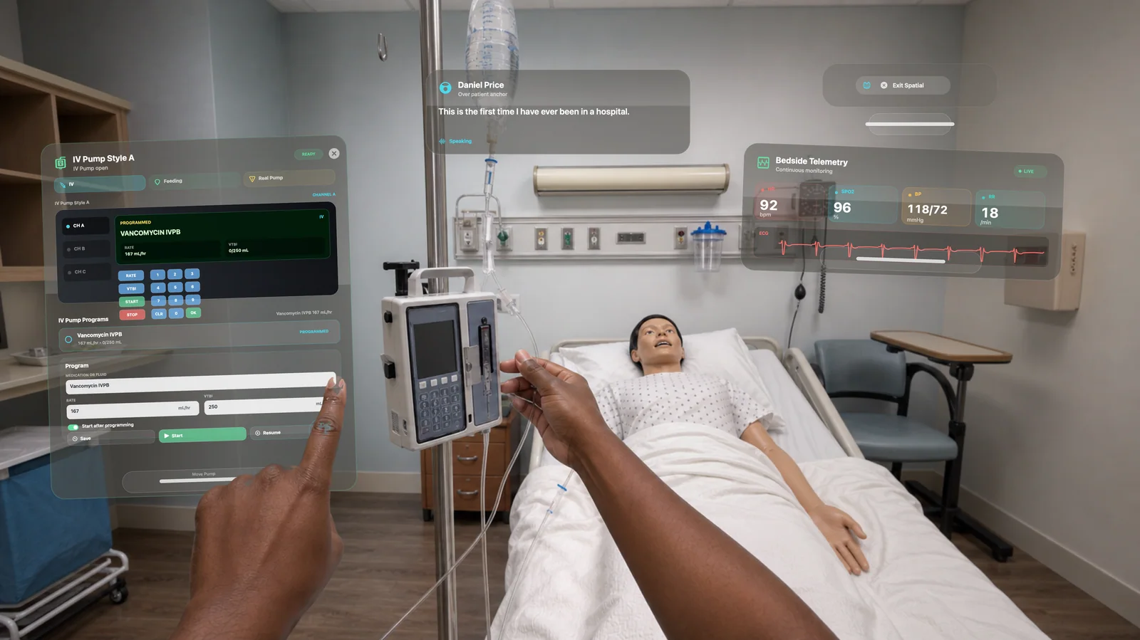 Bedside Coach spatial IV pump programming workflow on Apple Vision Pro