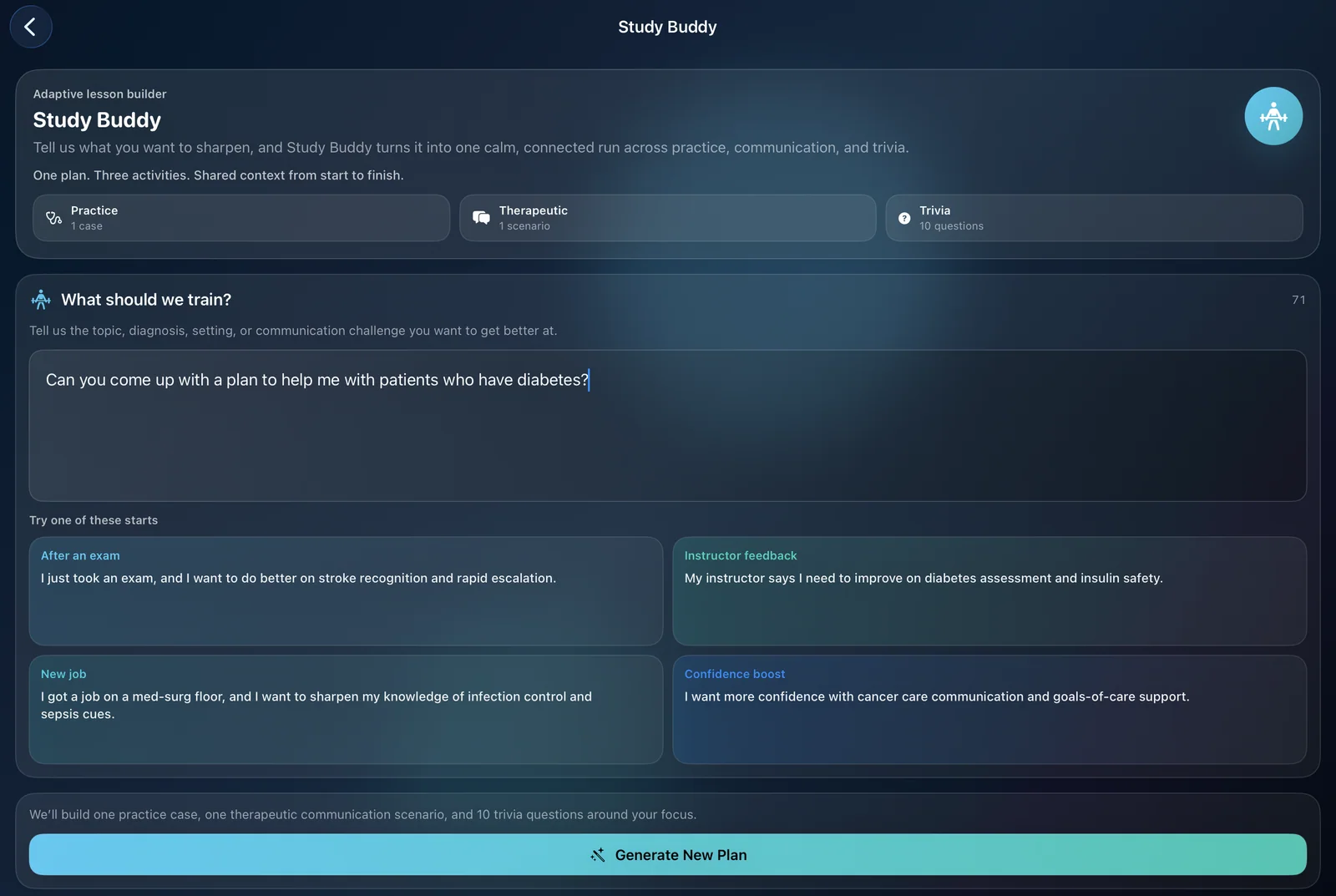 Study Buddy screen showing a connected nursing study session