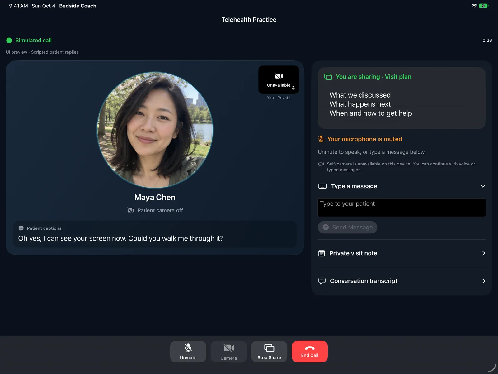 Telehealth Practice simulated call in Bedside Coach with fictional patient Maya Chen, patient captions, and a shared visit plan