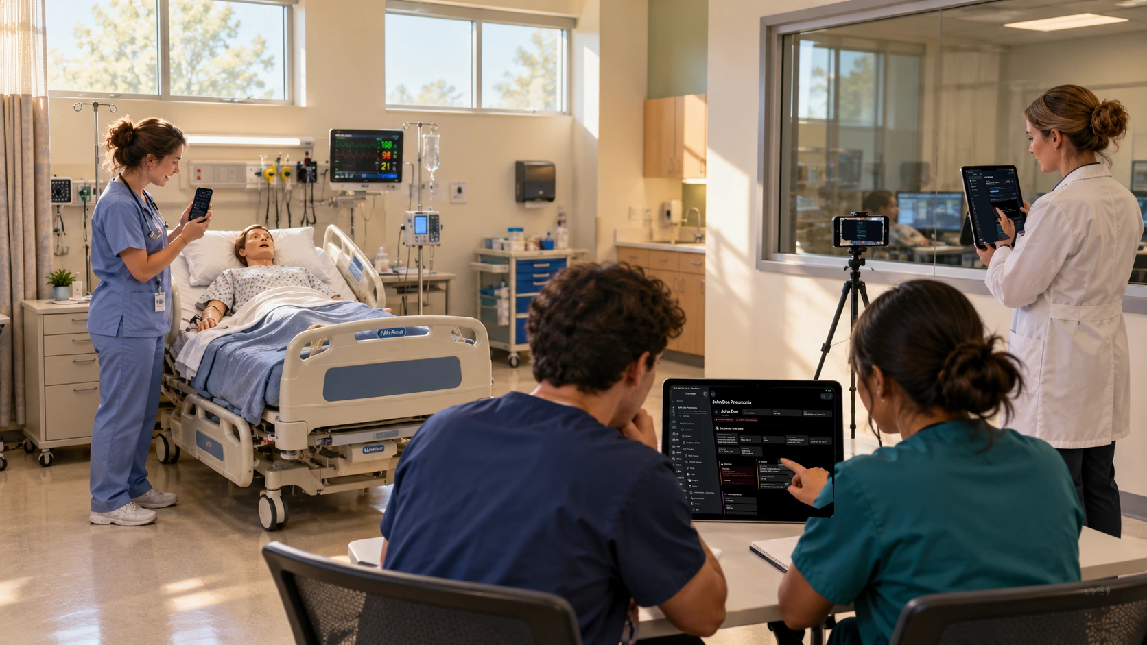 A hand holds a phone. The screen offers Bedside Coach, ChartSlate, and Sibyl Sim.