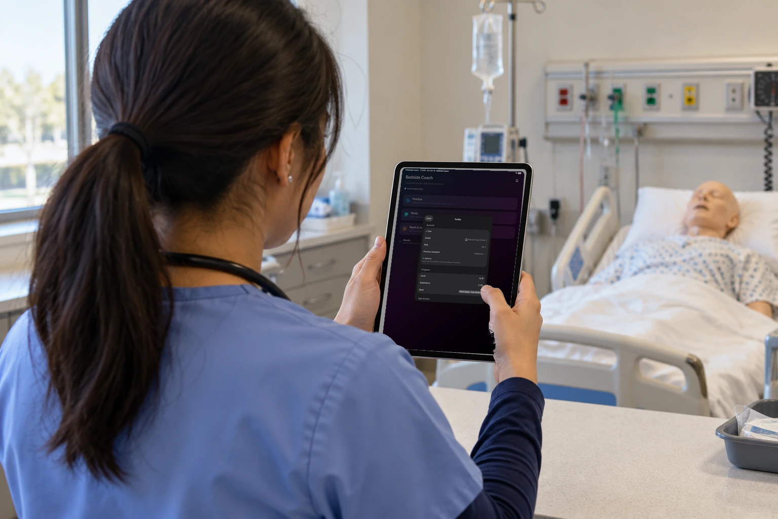 In a hallway, a student in ceil-blue scrubs holds an iPhone whose screen shows a shift handoff with Listen, Ask, and Start.