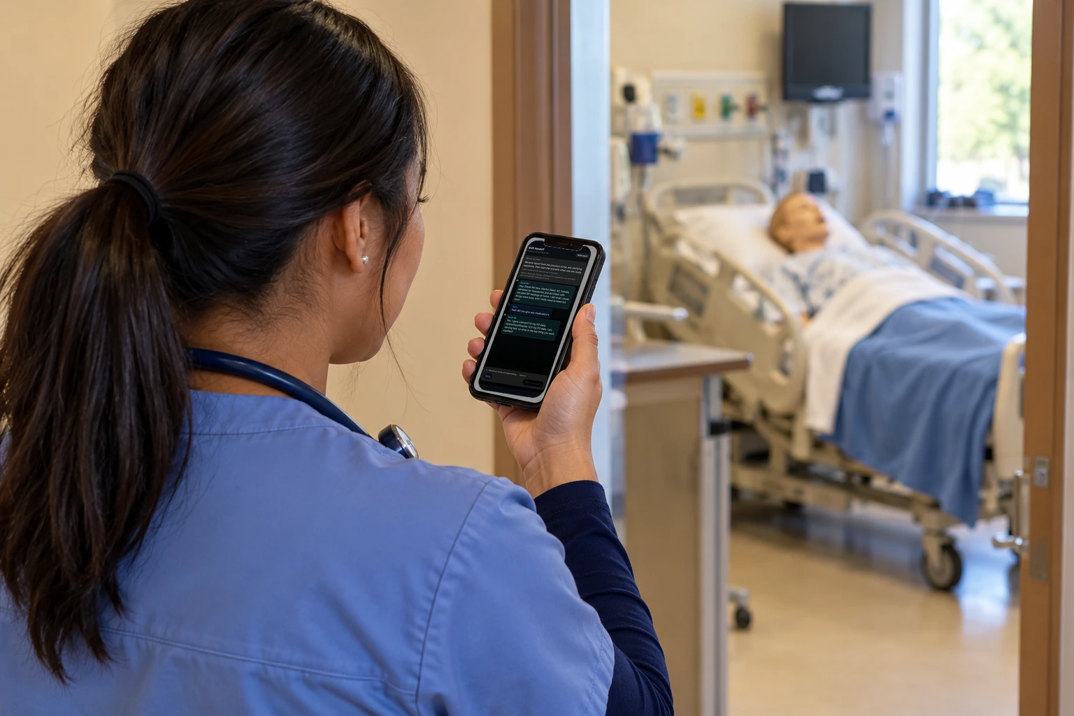 At the bedside, a student holds an iPhone showing the patient conversation, vitals, and buttons for the record, a call, blood pressure, and the pump.
