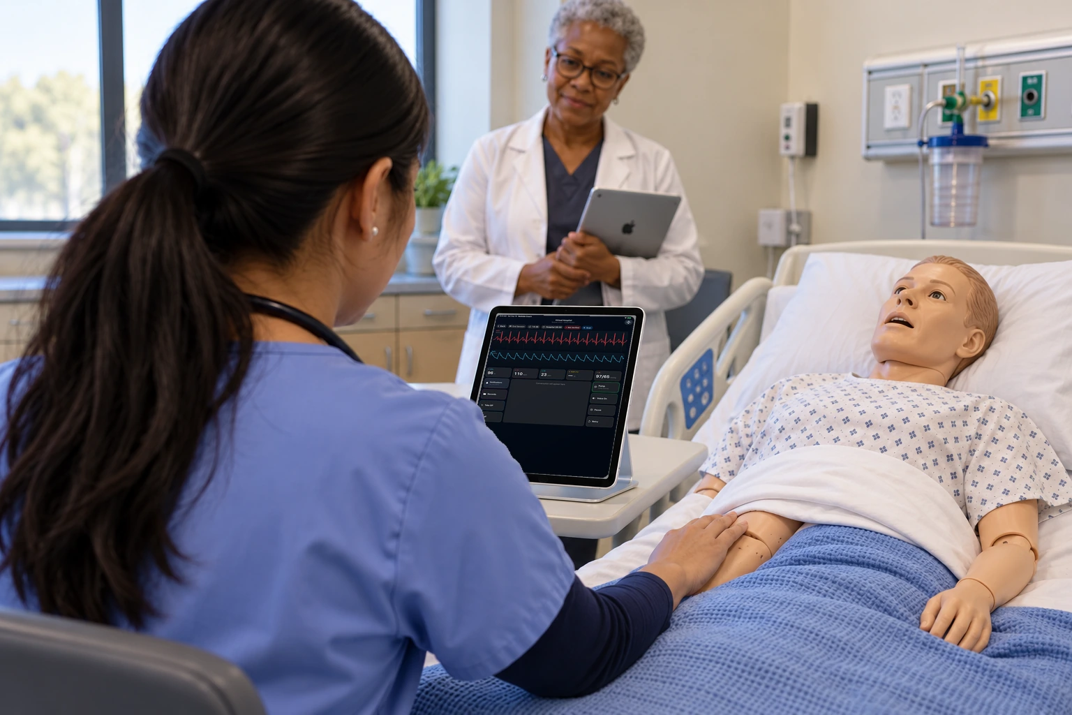 A student sits by the manikin with an iPad. The screen shows a blood pressure check, the patient's words, and the record, call, and pump controls.