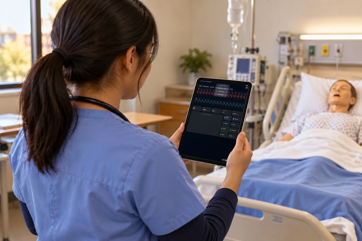 A student stands by the bed with an iPad asking who to call: the healthcare provider or the charge nurse.