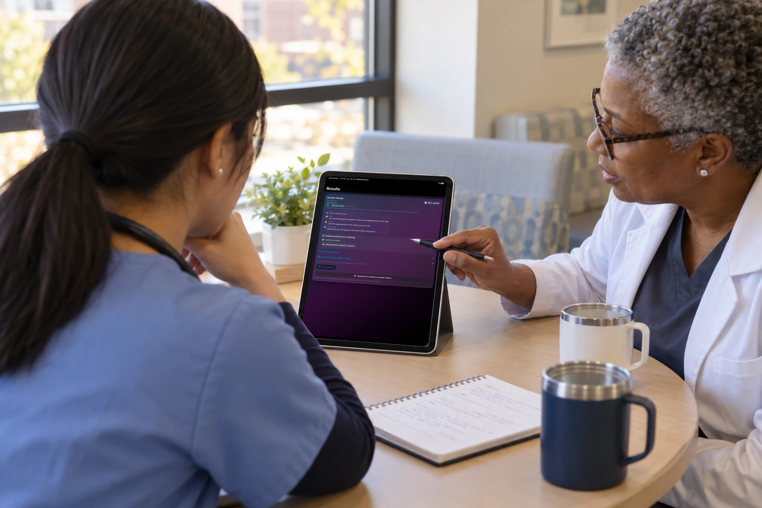 A student and a faculty member sit at a table looking at an iPad. The screen is a coaching card with a strength and a priority.