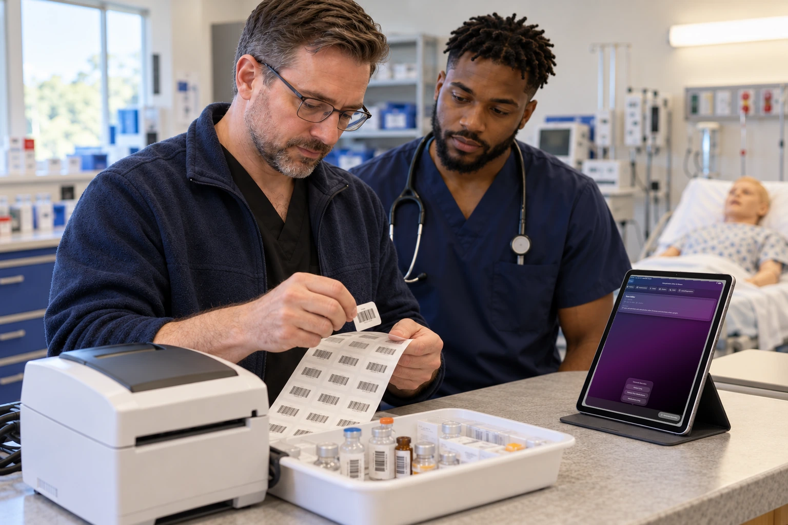 At a prep counter, a faculty member holds a barcode label beside an iPad that offers patient labels, medication labels, or both. A student watches.