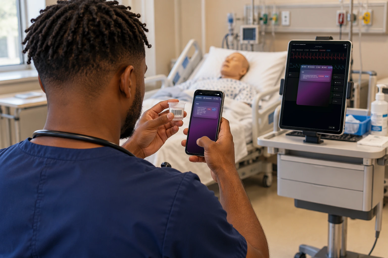 A student holds an iPhone at the bedside. The medication list shows a scan result next to the order.