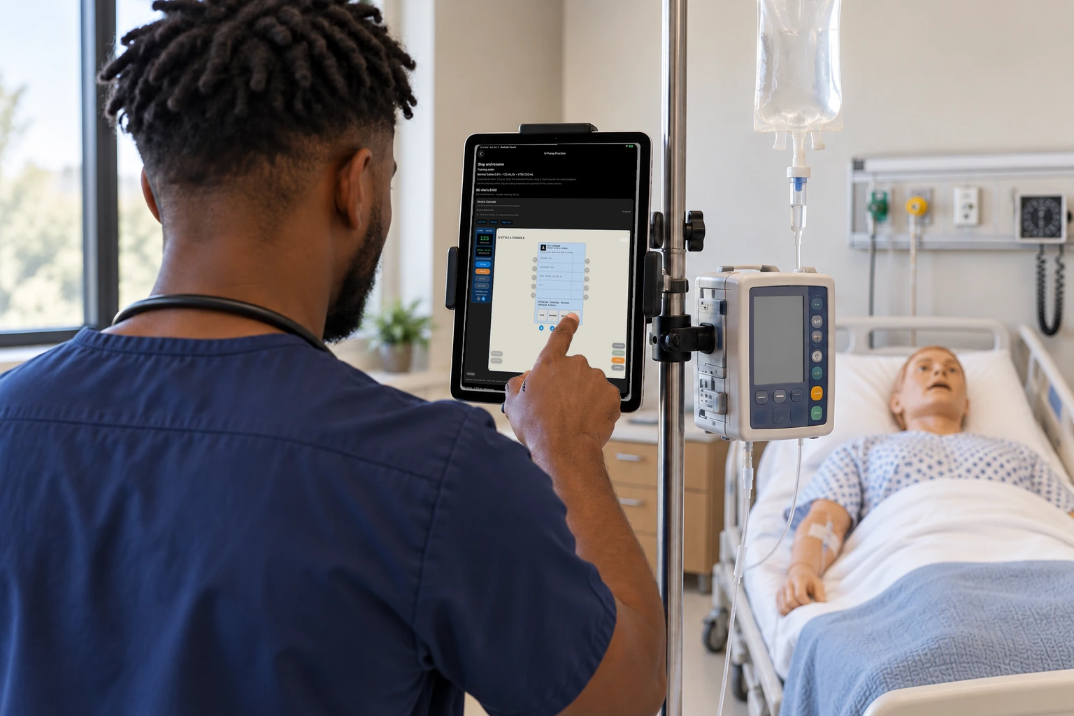 A student stands by an IV pole with an iPad showing the pump face, the rate, the volume, and Start.