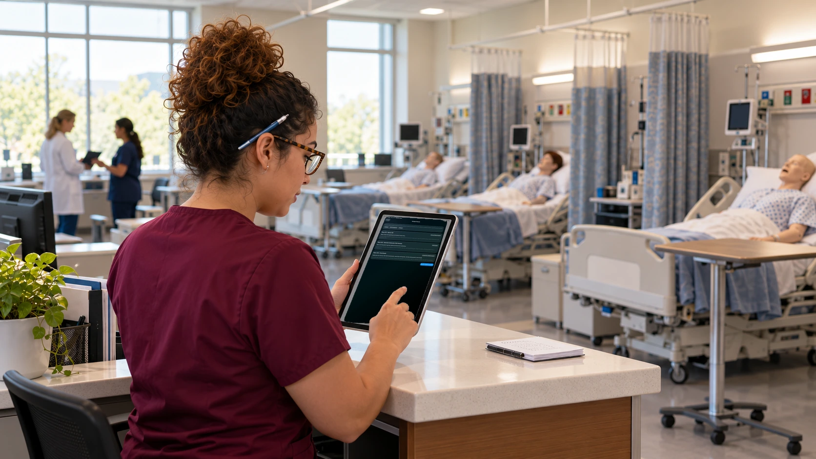 In a hallway, a student holds an iPad offering a prepared two- or three-patient assignment or a custom one.