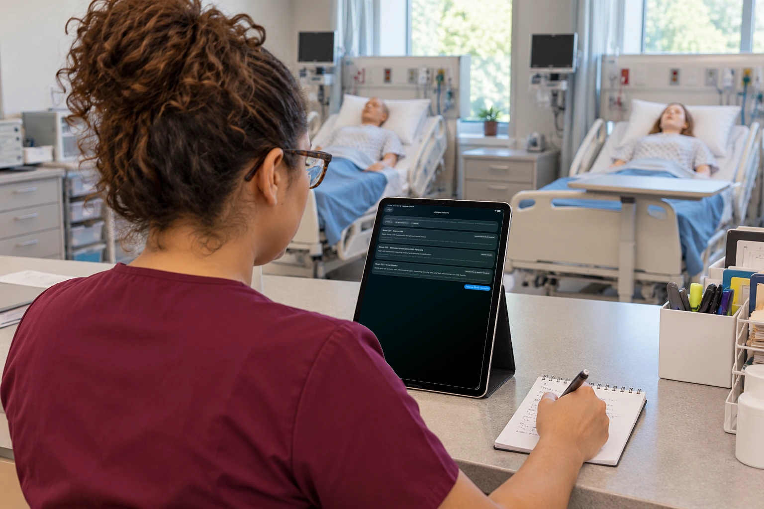 A student holds an iPad listing a three-patient assignment, with a button to receive the handoffs.