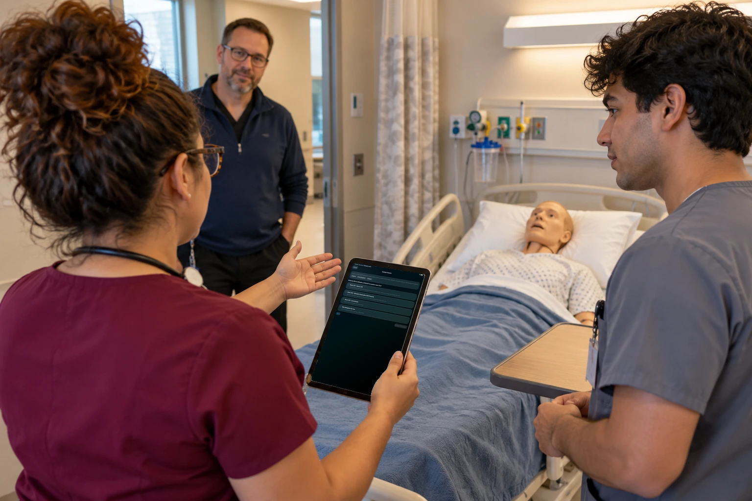 A student holds an iPad open to the delegation screen, with tasks that can be given to an aide.
