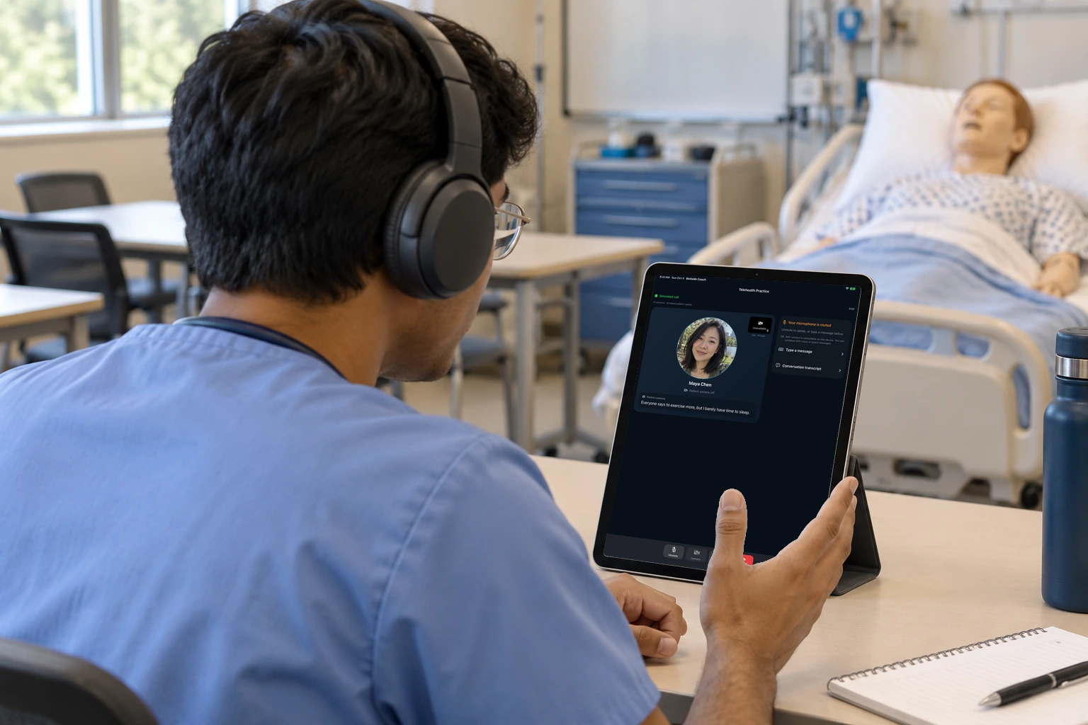 A student with headphones holds an iPad on the preparation screen, with the patient's concern and Start practice call.