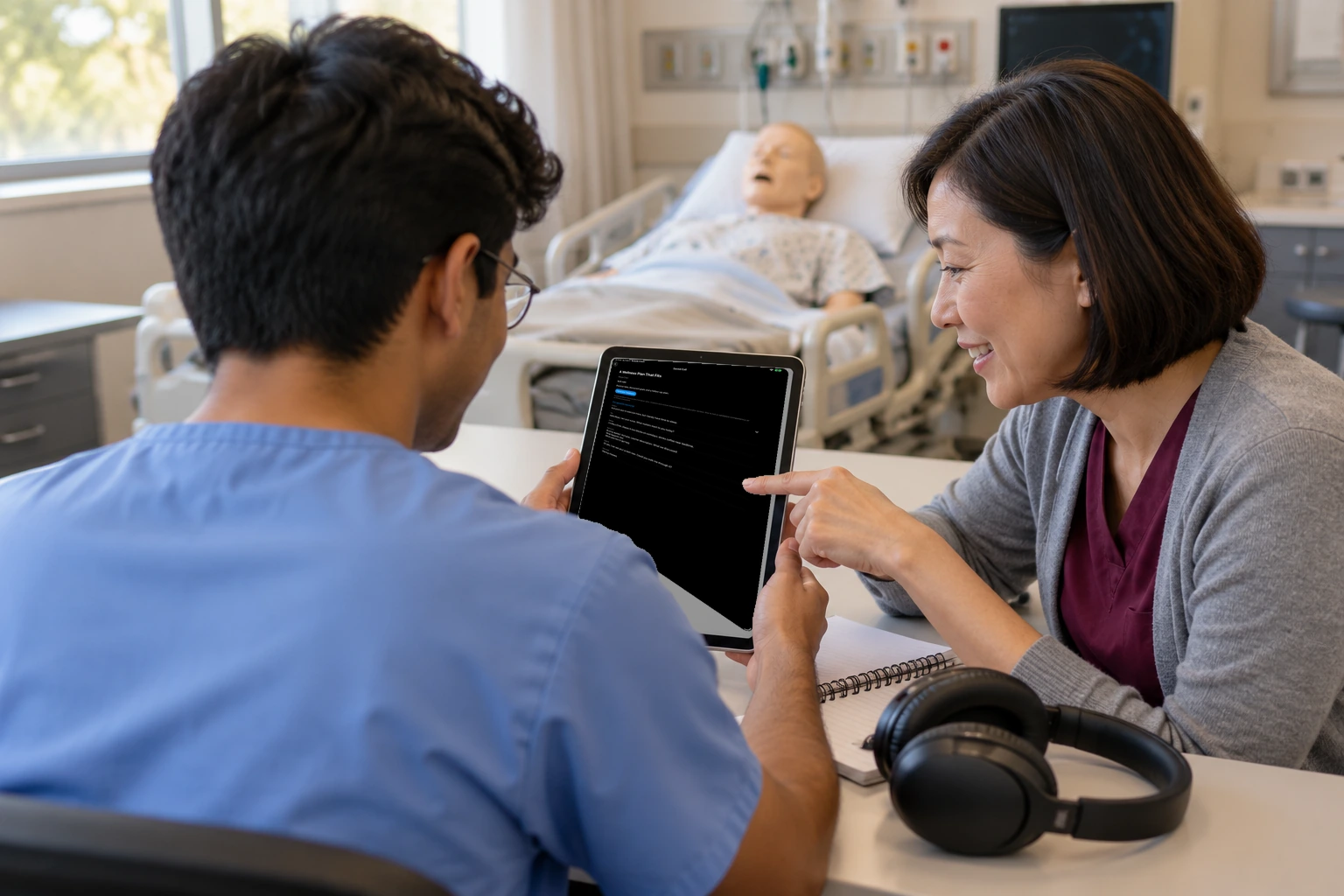 A student and a faculty member look at an iPad showing what worked and what to practice next after a practice call.
