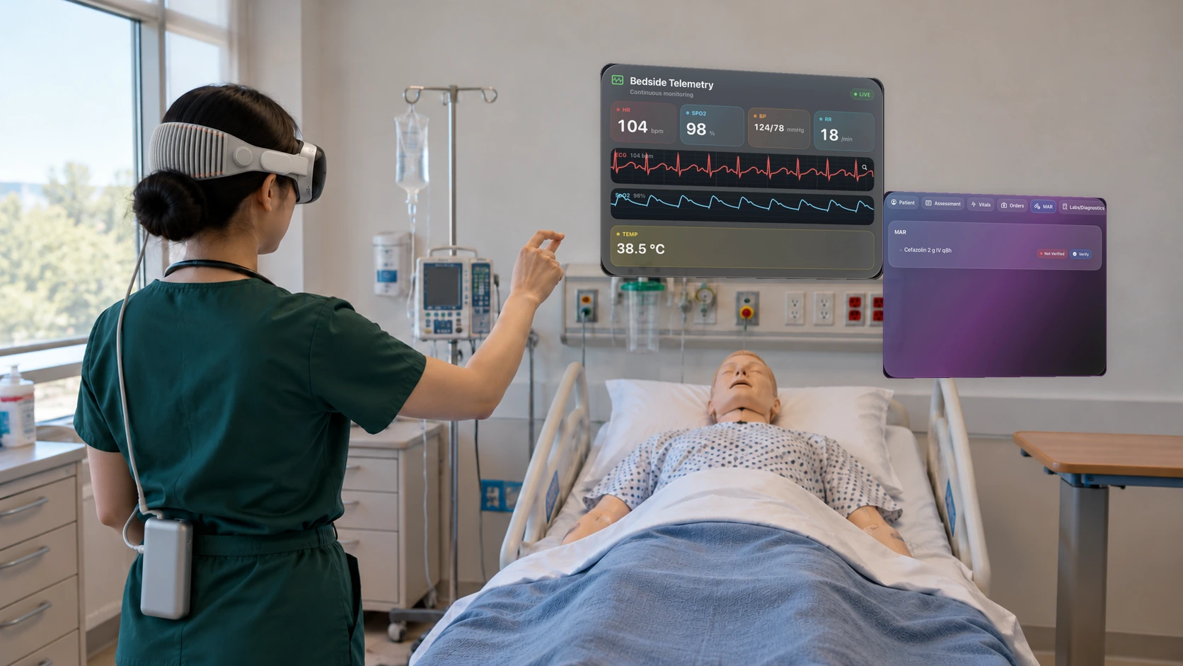 A student wearing Apple Vision Pro stands at a manikin. A floating panel shows the vitals.
