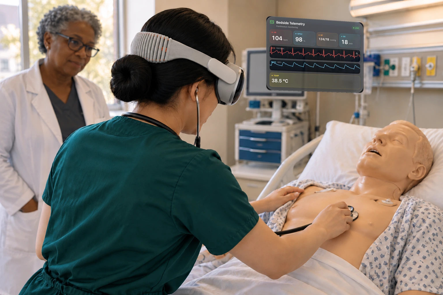 A student in a headset stands at the manikin with her hands together, looking at a floating vitals panel.