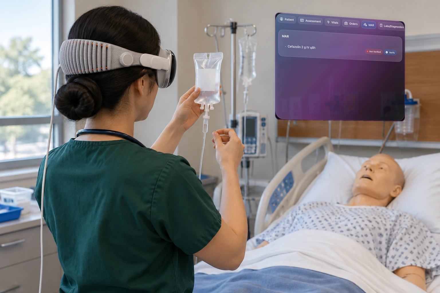 Apple Vision Pro shows a medication panel over the bedside, with Verify patient and Verify med.