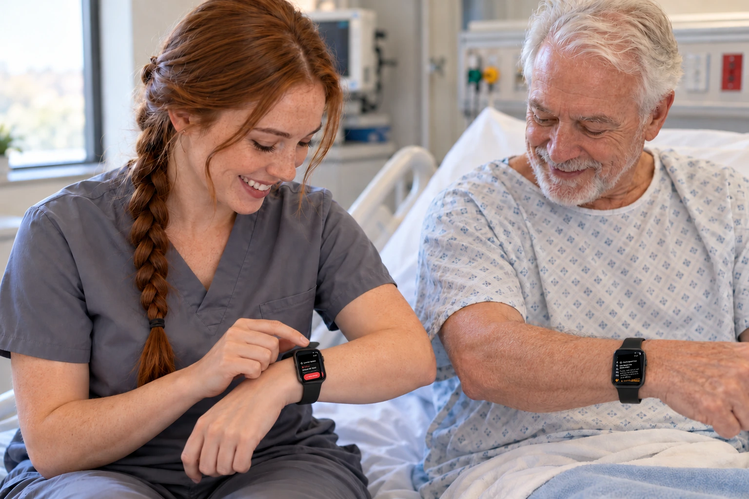 A student's watch shows a critical potassium alert. The phone in the other hand shows Proceed, Wait, Escalate, and Tone down.