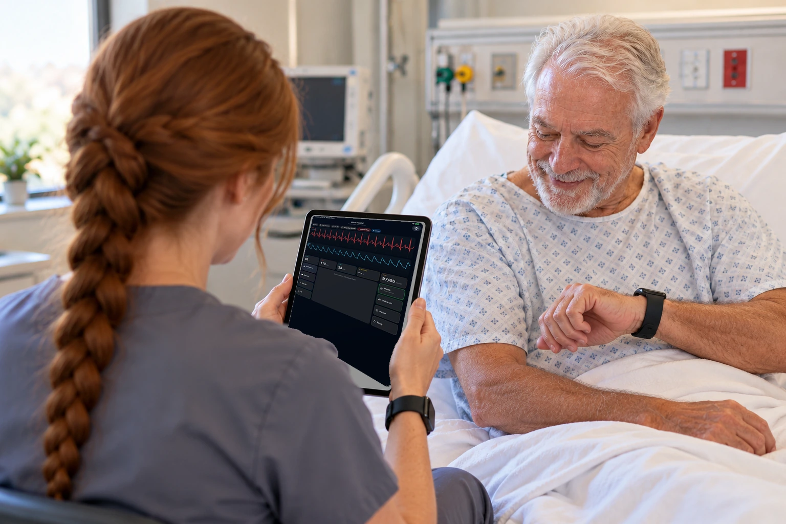 A student at the bedside holds an iPad showing the patient conversation, vitals, and the pump.