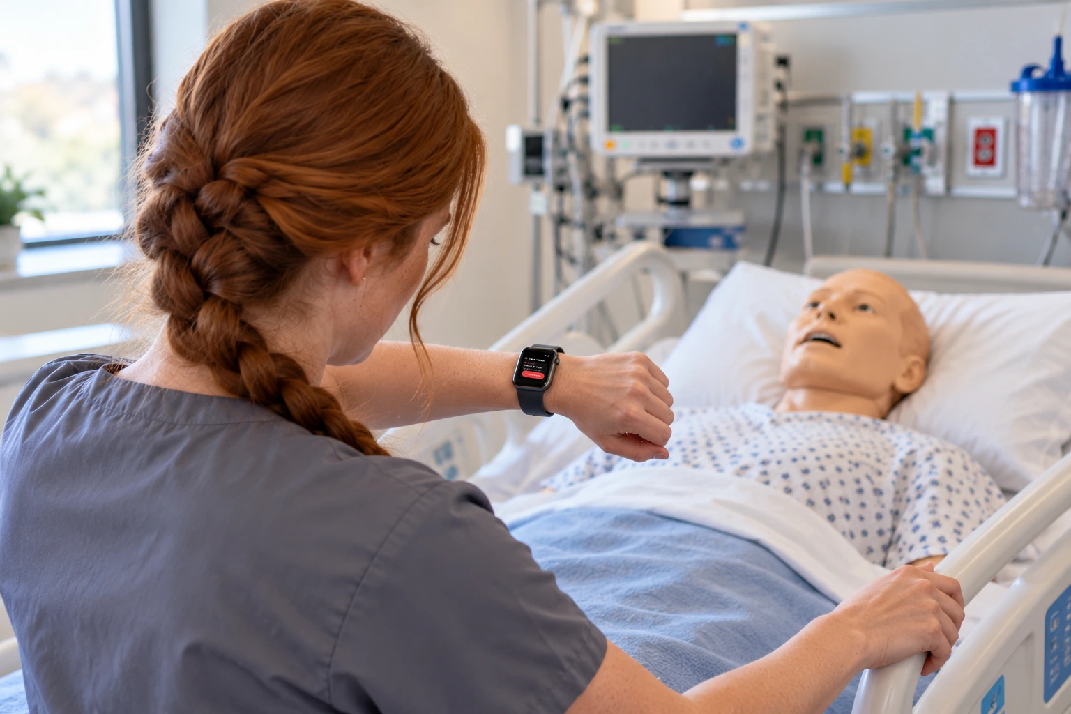 A student looks at an Apple Watch showing a critical update and Acknowledge.