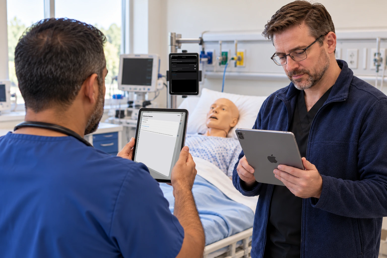 An iPad beside the manikin shows the bedside station setup screen.