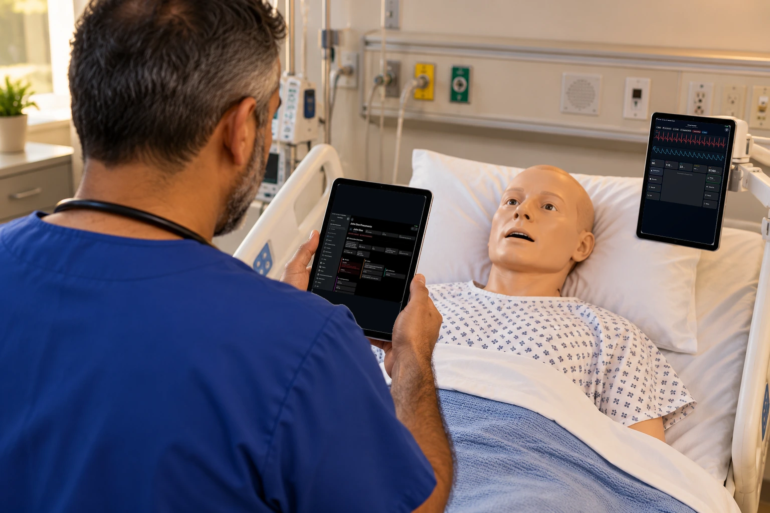 A student speaks toward the manikin. One iPad shows the bedside monitor and another shows the ChartSlate chart.