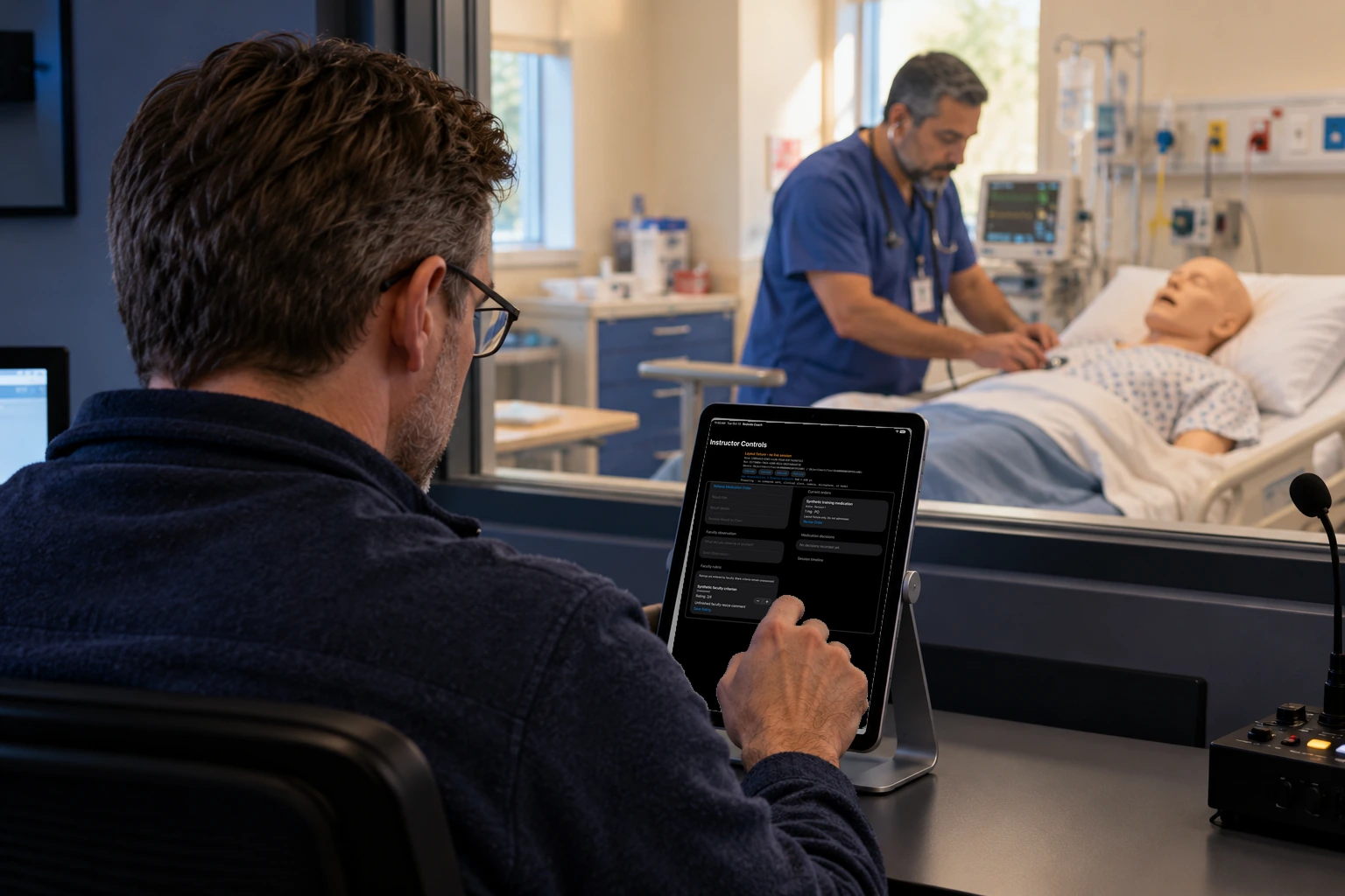 A faculty member holds an iPad with controls to speak as the patient, change vitals, release an order, or start a pump alarm.