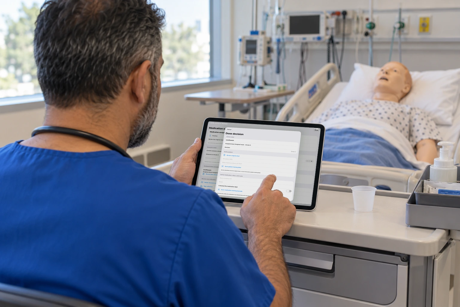 A student holds a tablet showing a dose decision, with choices such as given or held, and a place to sign.
