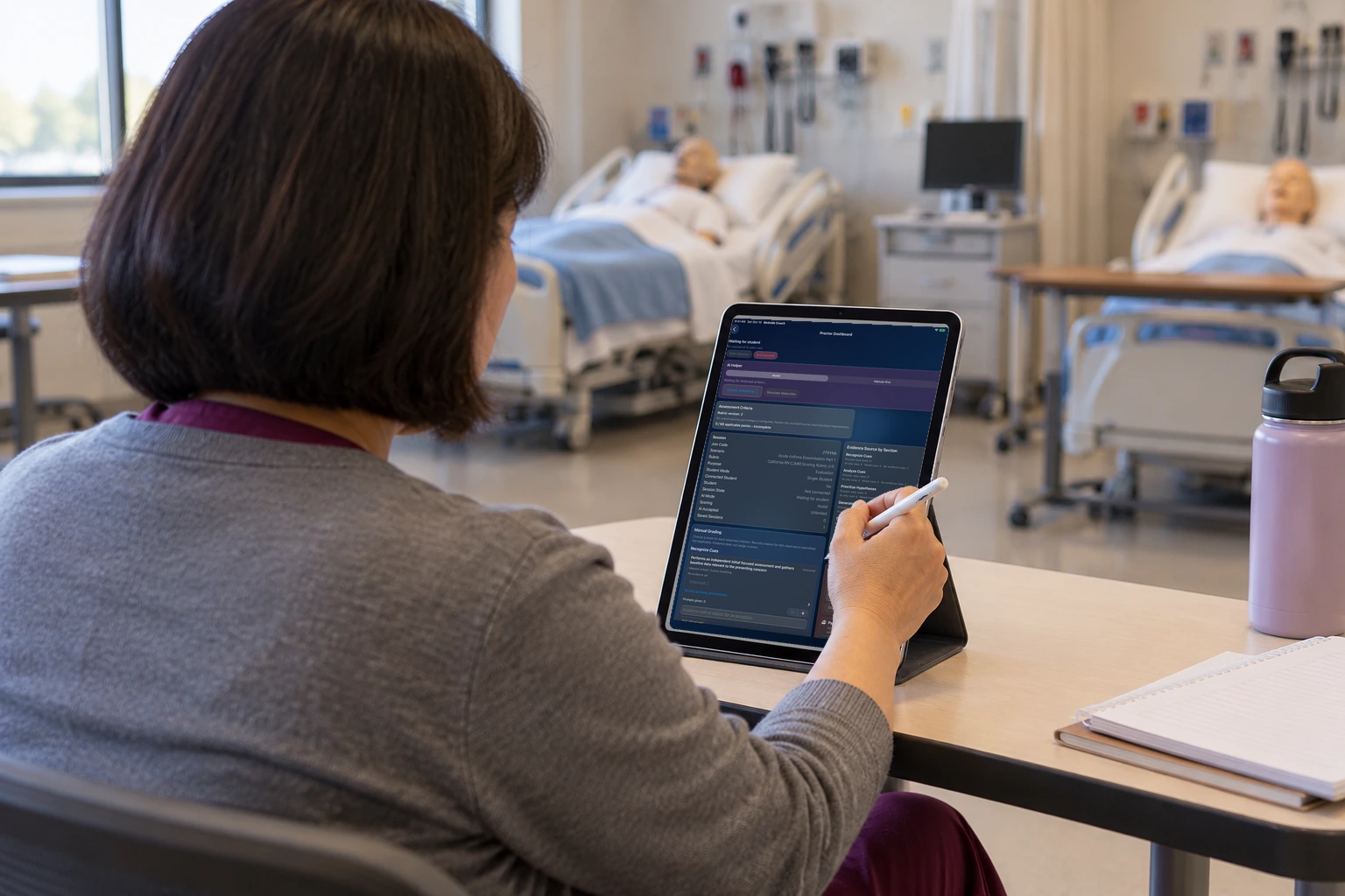 A proctor holds an iPad showing the proctor dashboard, the review queue, and rubric guidance.