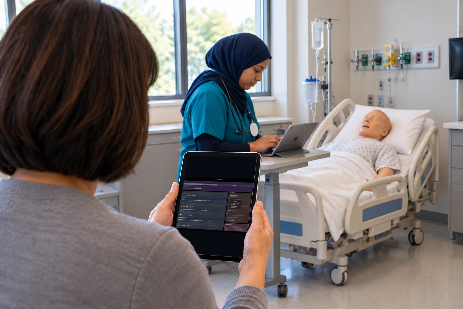 A proctor watches an iPad dashboard with the review queue and proctor actions.