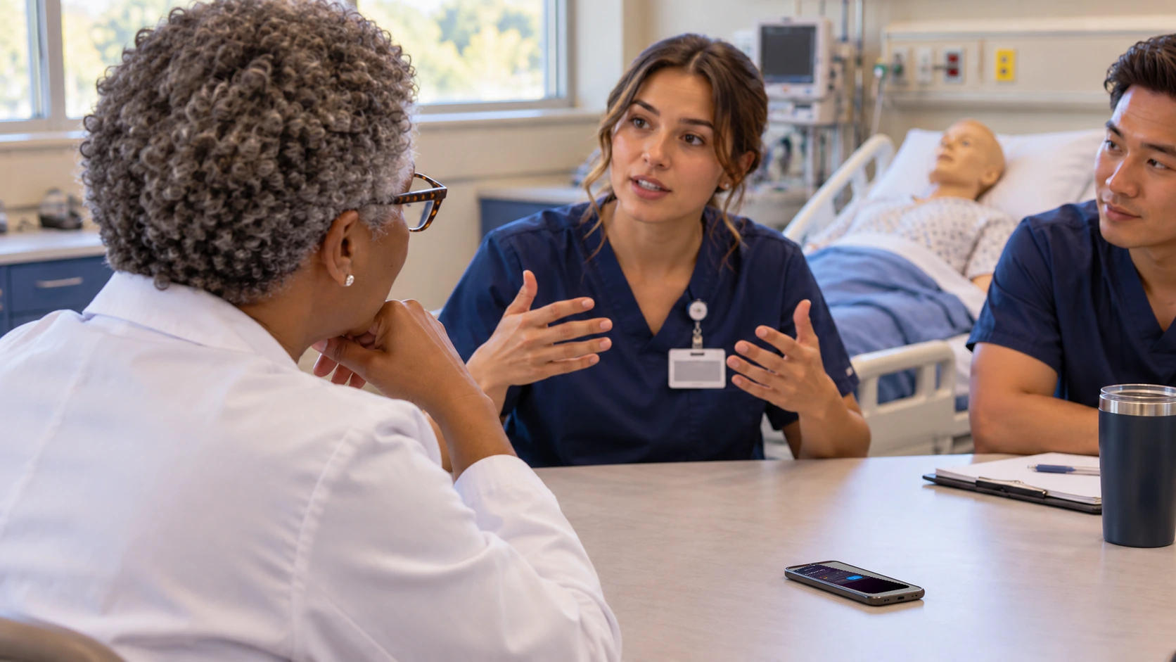 Faculty sit with learners in a debrief. A phone lies face down on the table.