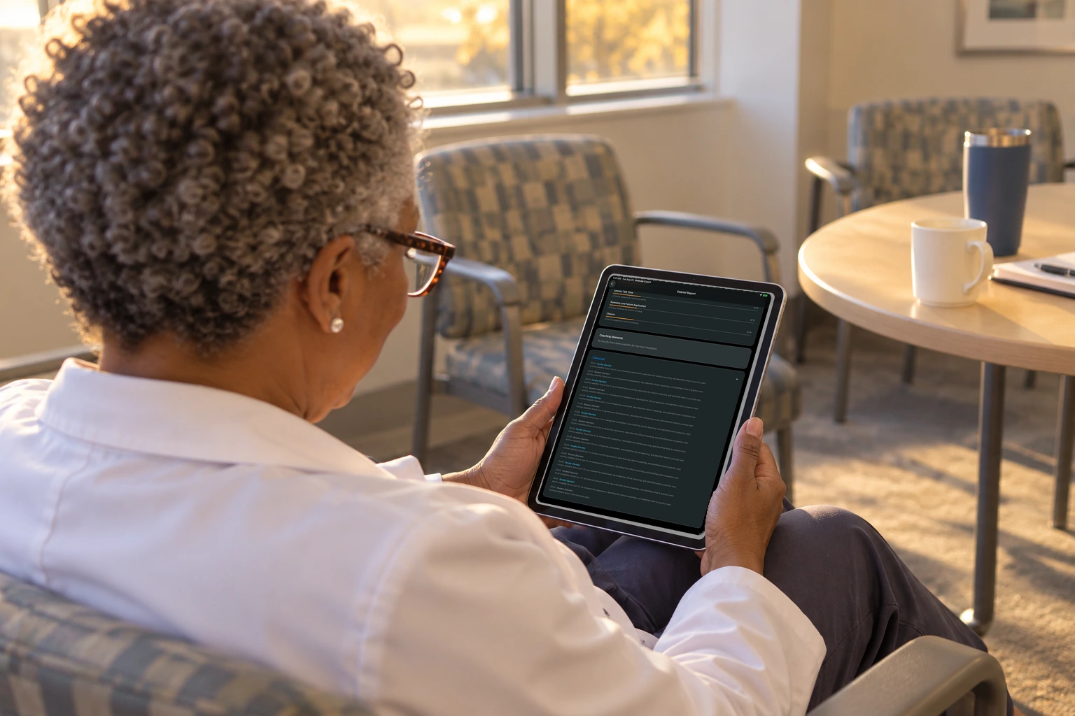 Alone at a table, a faculty member reads timestamped debrief notes on an iPad.