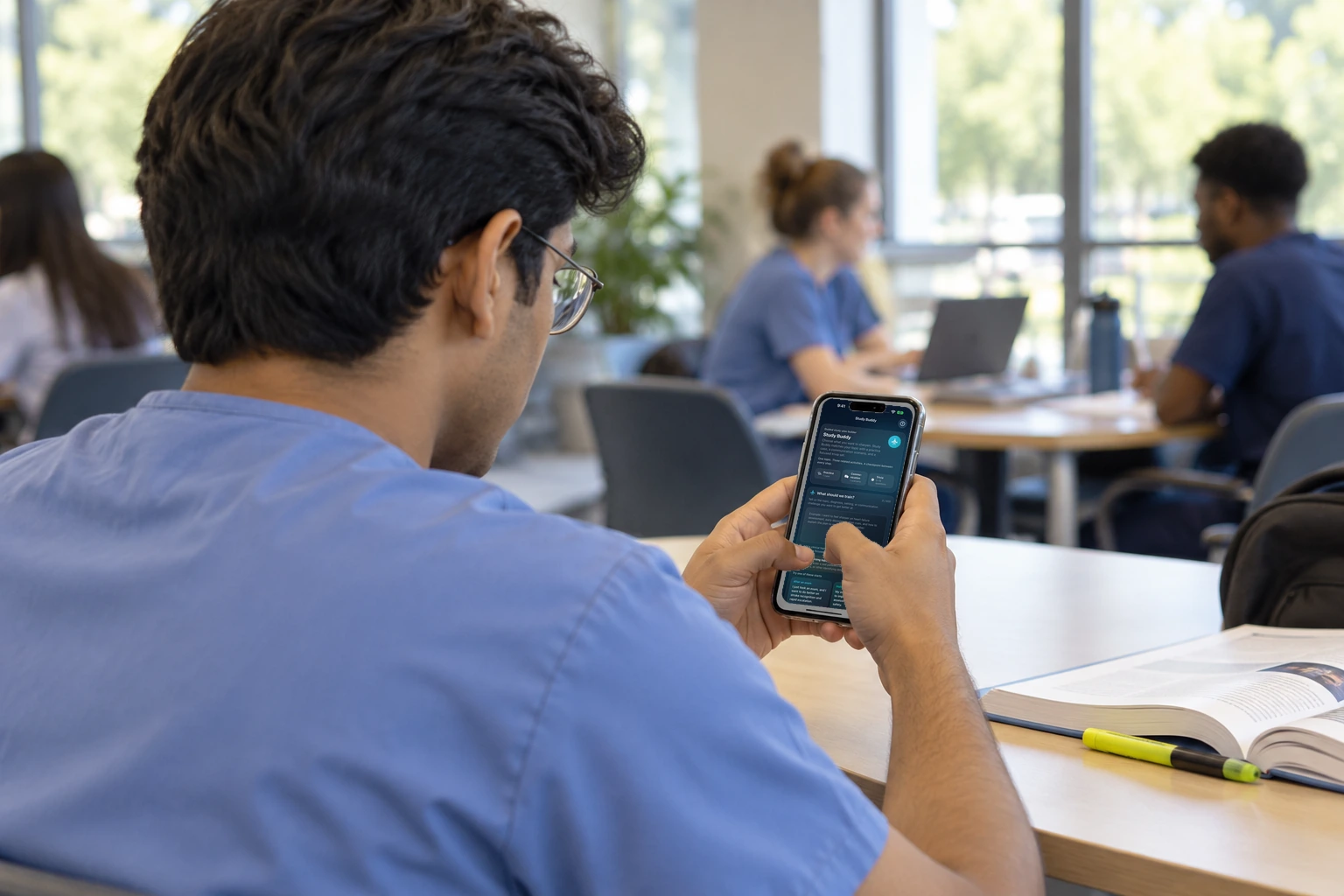 A student types one study topic on an iPhone, with trivia count and Build my plan.