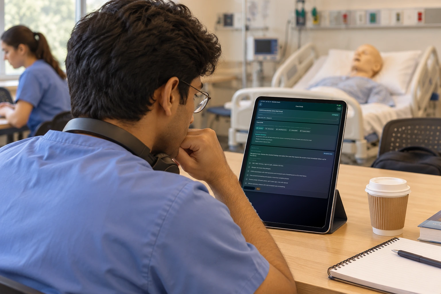 A student holds an iPad showing a case study, with chart tabs and a question.