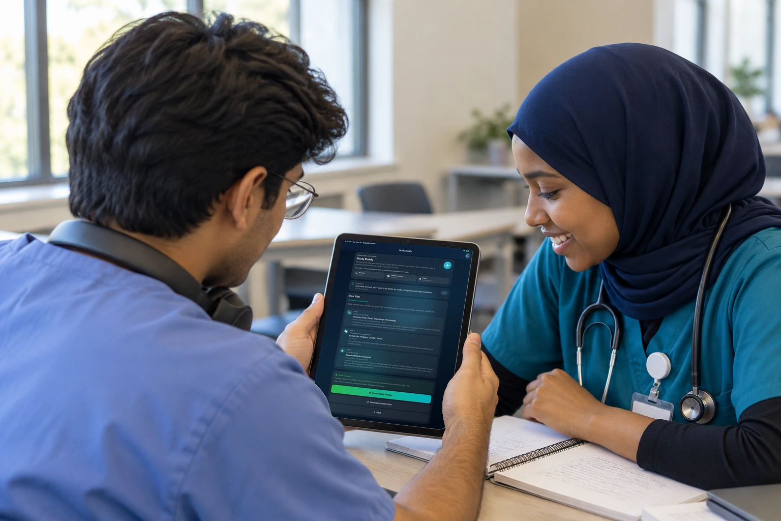 Two students look at an iPad recap with how the activities went and a next plan.