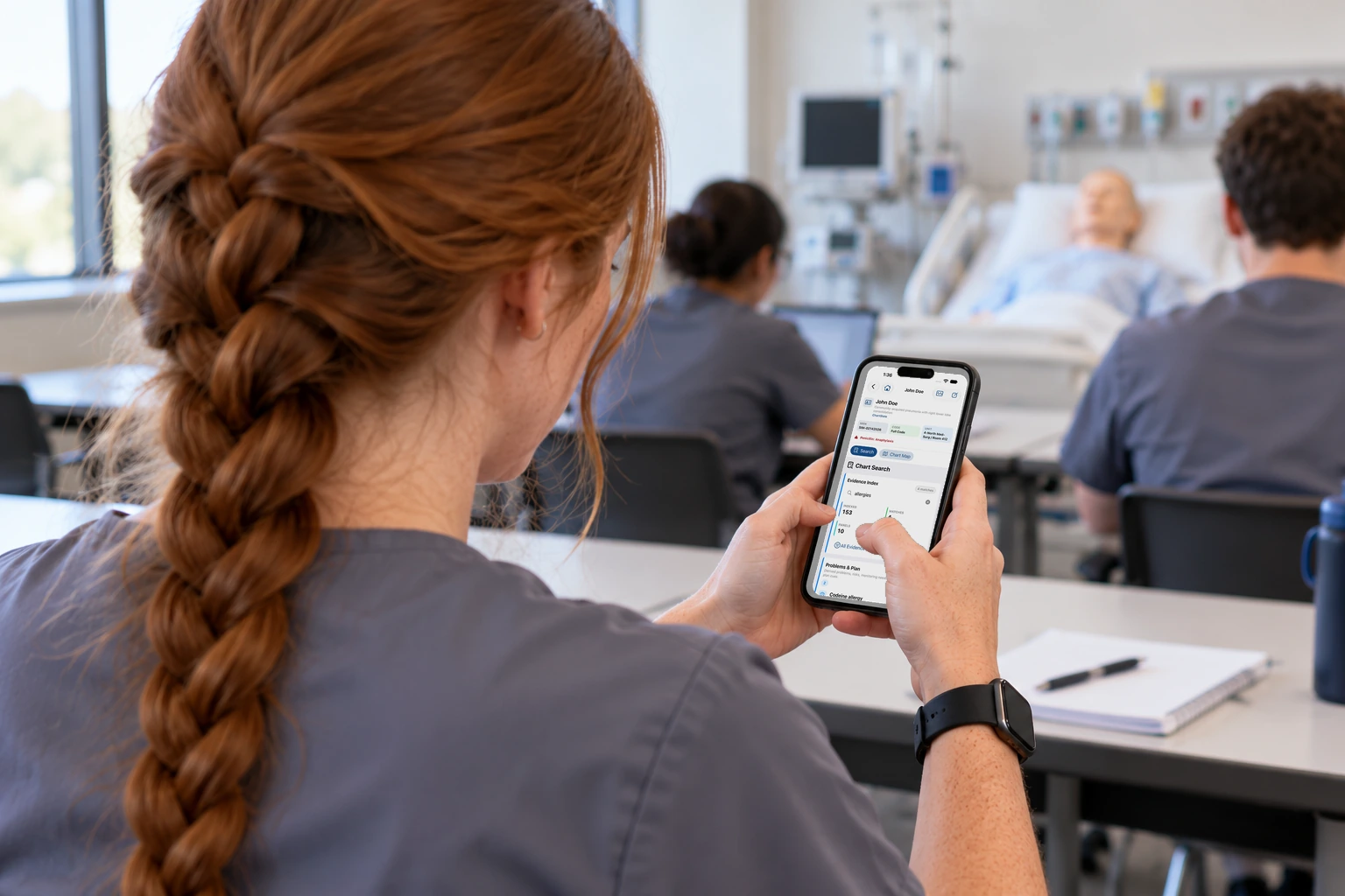 A student holds an iPhone showing search results for labs, notes, medications, and orders.