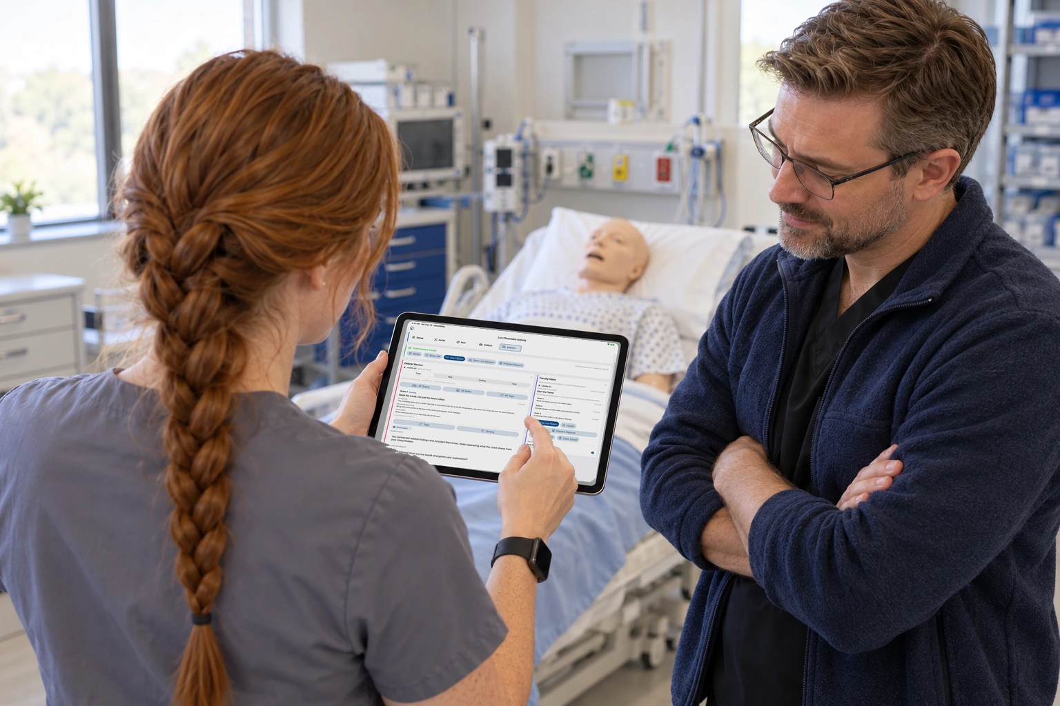 A student holds an iPad on a debrief screen, with a saved submission and notes.