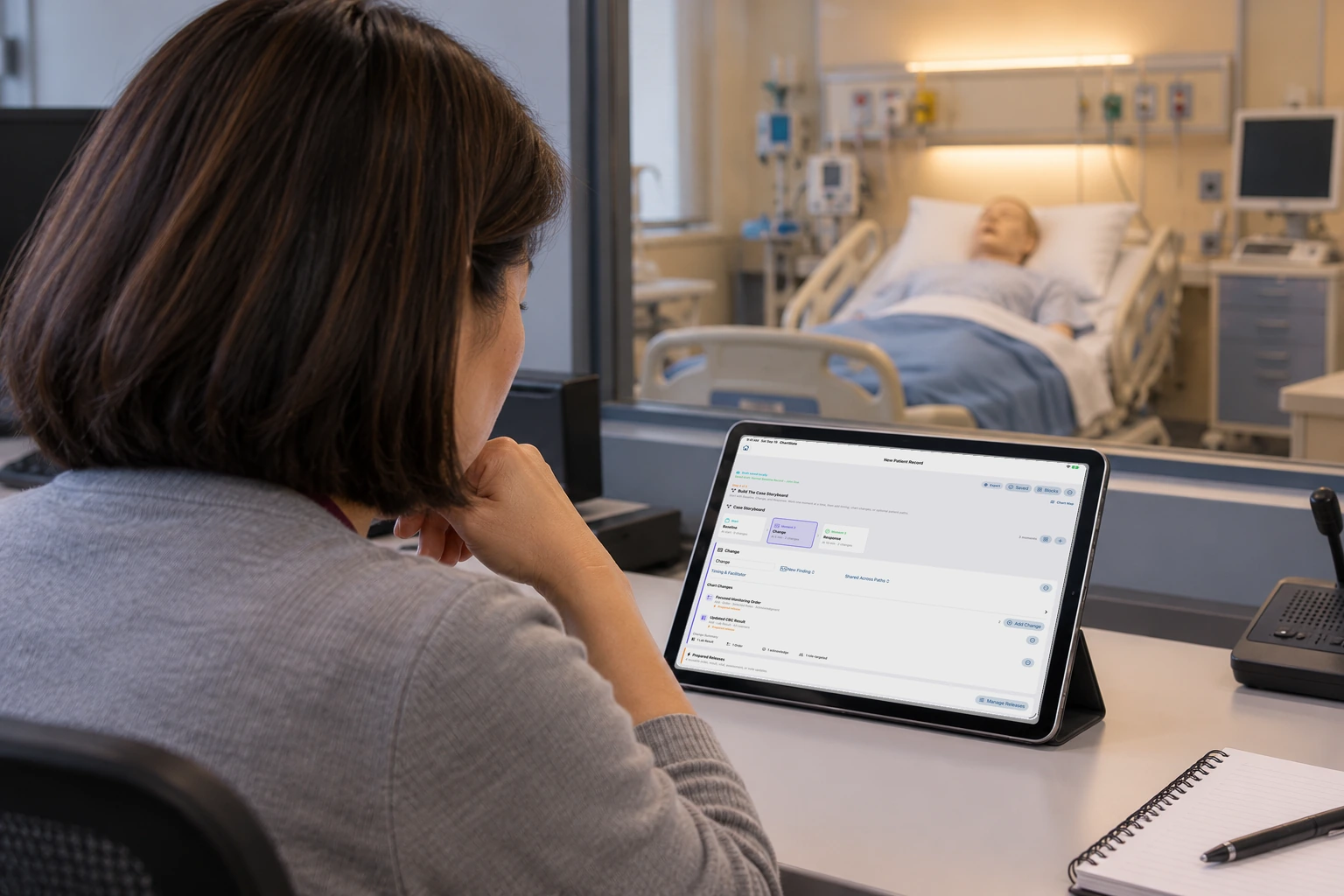 An iPad on a classroom table shows a simulated chart overview.