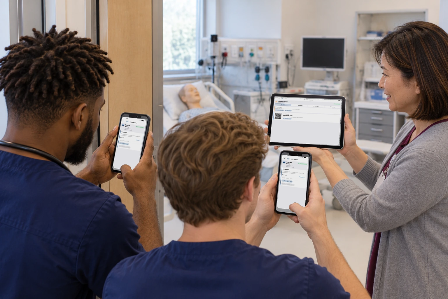 A facilitator holds an iPad showing a QR code and a room code for a nearby session.