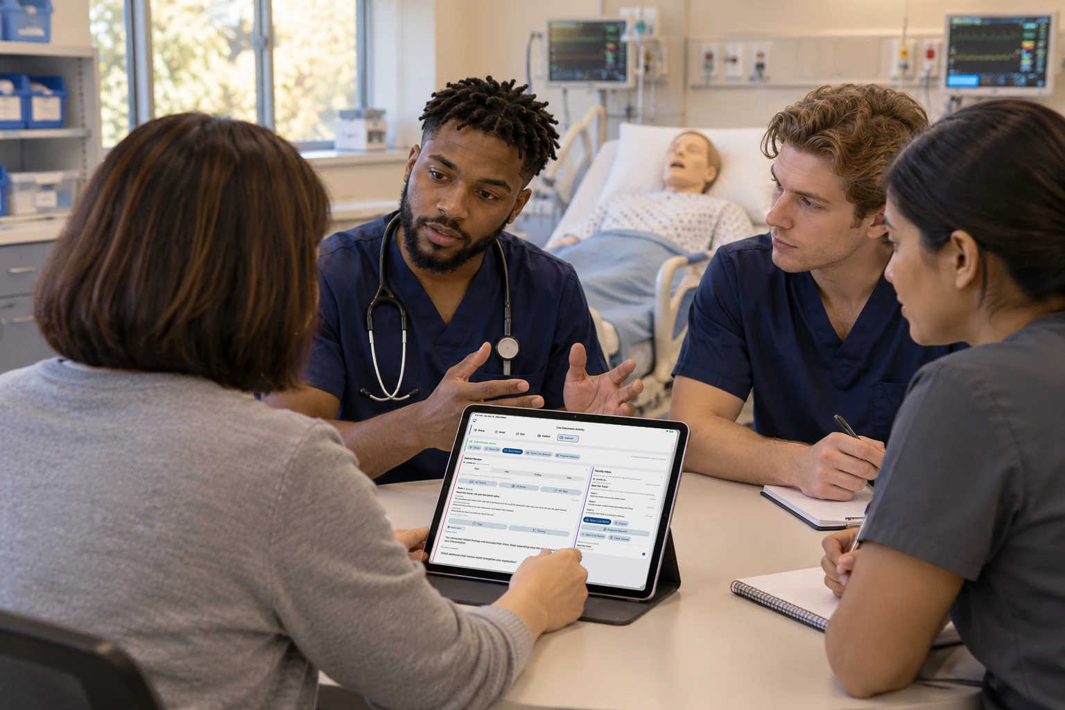 An iPad shows saved submissions and faculty notes for the debrief.
