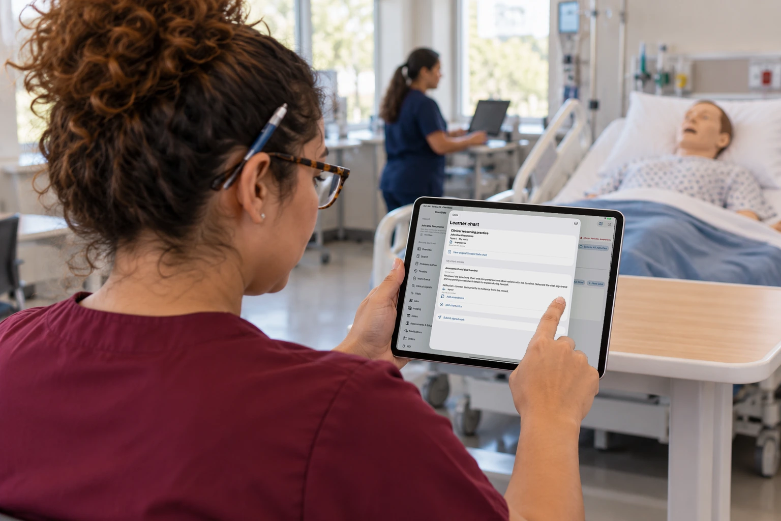 A student holds an iPad asking for a name, with the attempt instructions and Start.